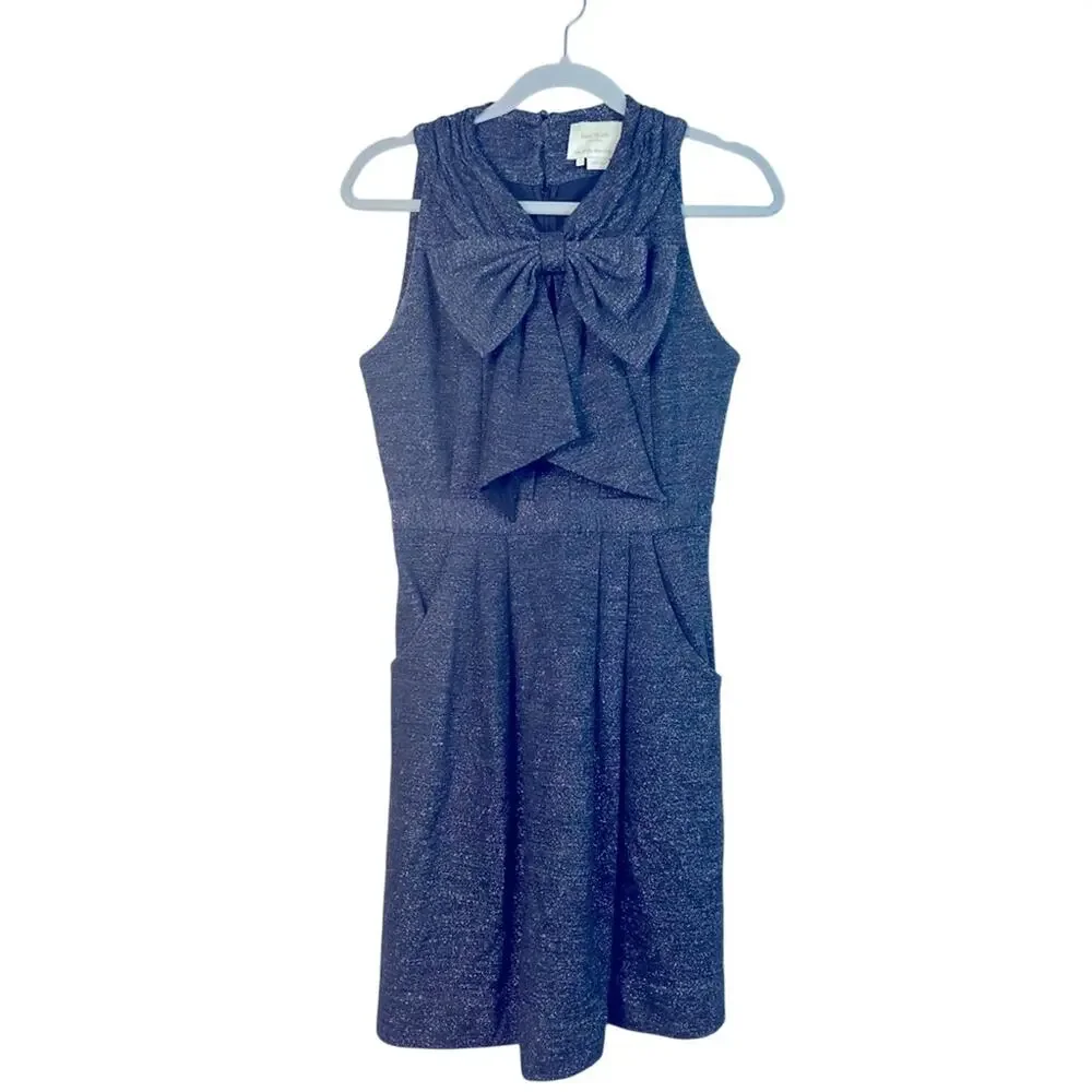 Kate Spade Silver Metallic Bow Wool Blend Fit and Flare Dress Pockets Size 2 - Picture 1 of 7